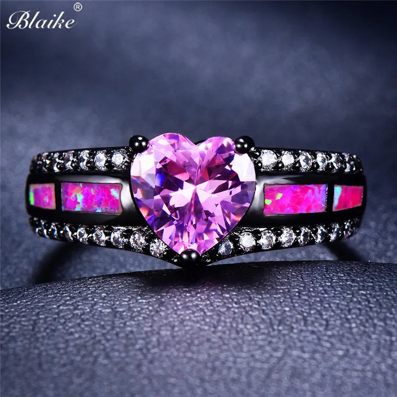 Pink Heart Zircon Single Row Pink Fire Opal Rings For Women Black Gold Color Fashion Engagement Jewelry Halloween Gifts