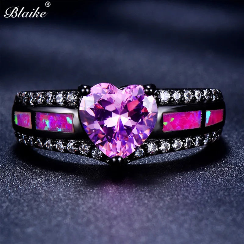 Pink Heart Zircon Single Row Pink Fire Opal Rings For Women Black Gold Color Fashion Engagement Jewelry Halloween Gifts