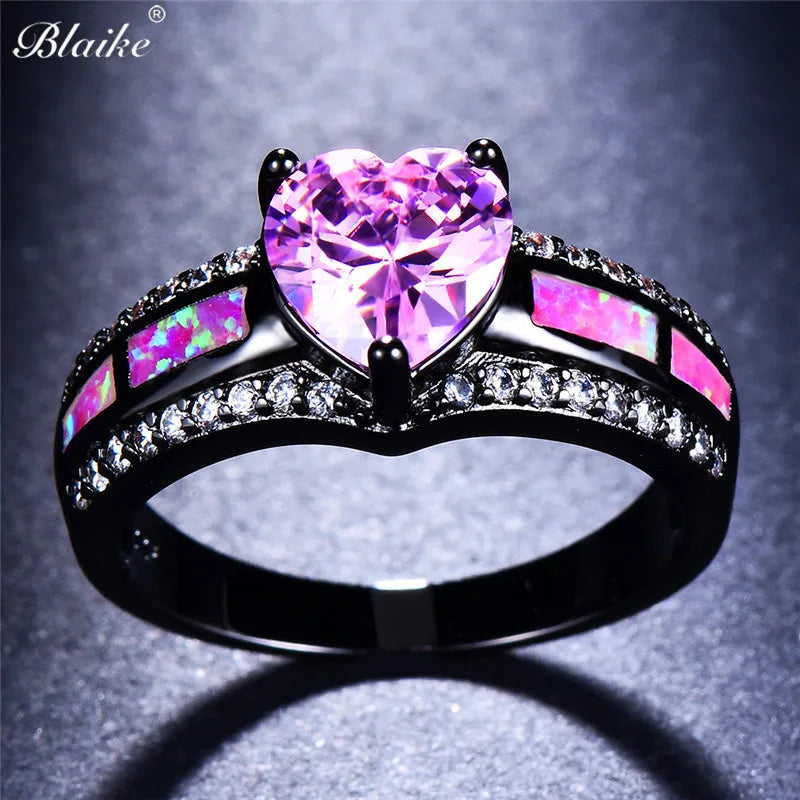 Pink Heart Zircon Single Row Pink Fire Opal Rings For Women Black Gold Color Fashion Engagement Jewelry Halloween Gifts