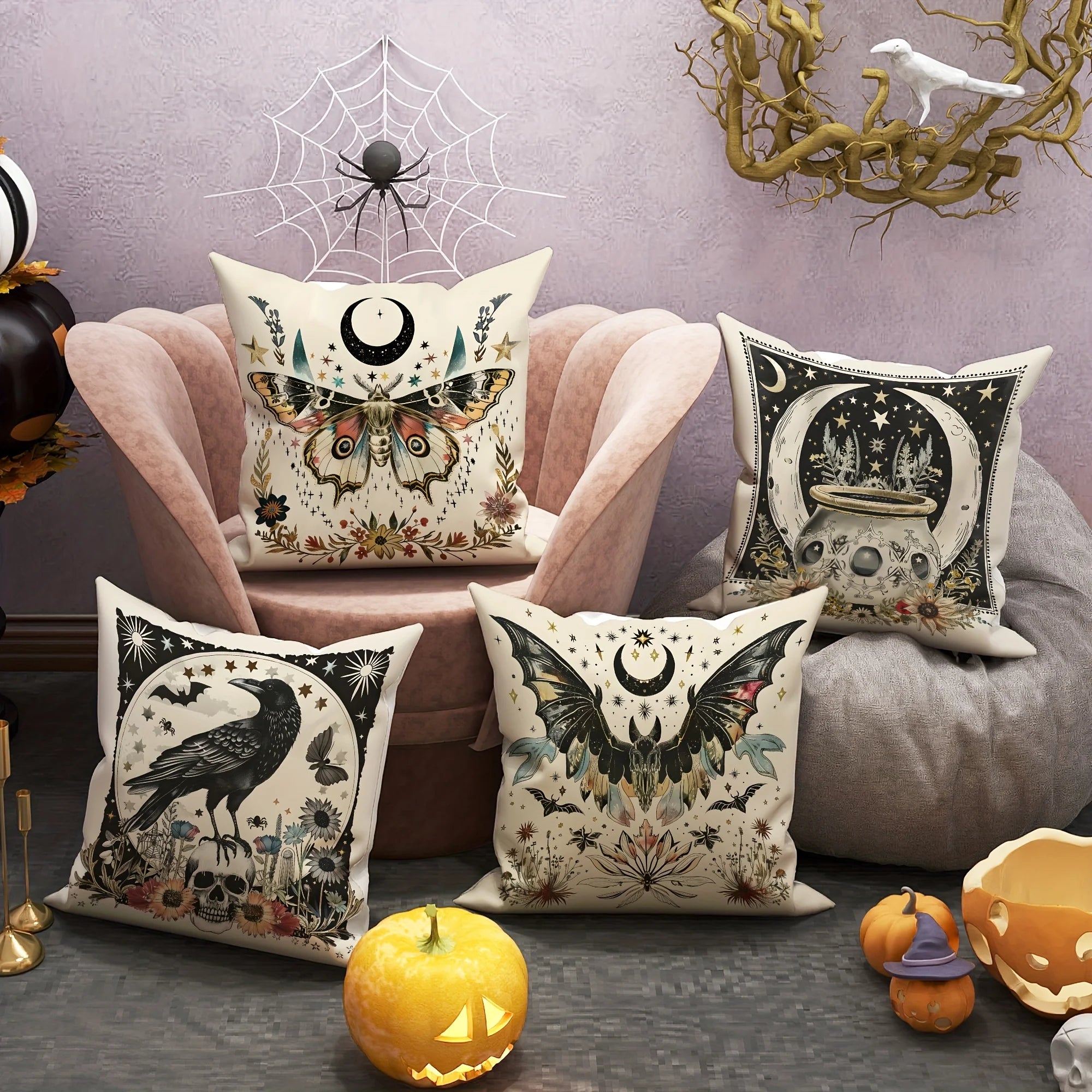Halloween Throw Pillow Covers 18x18 Inch Contemporary Gothic Decorative Pillowcases with Moth, Bat, Crow, Skull Designs