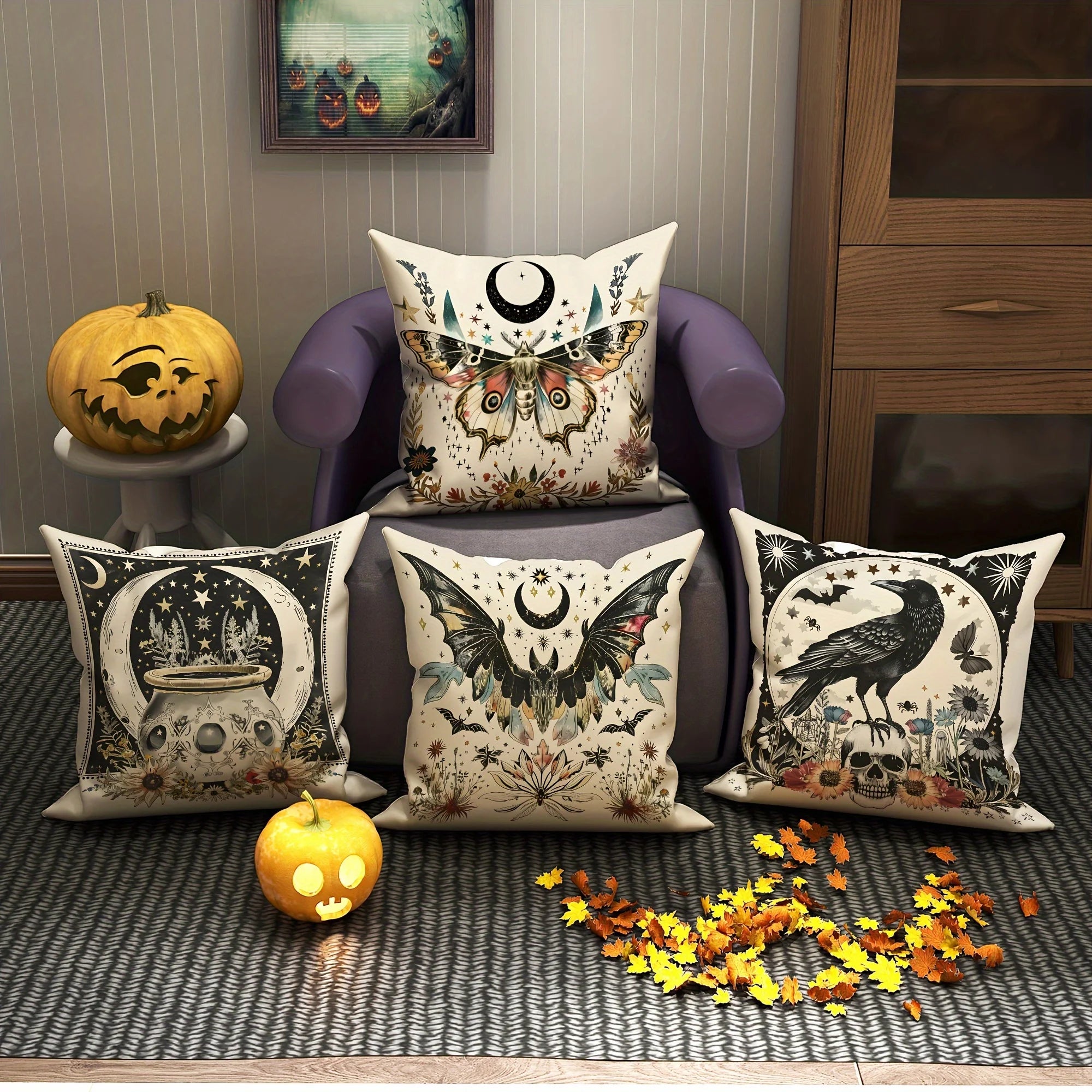 Halloween Throw Pillow Covers 18x18 Inch Contemporary Gothic Decorative Pillowcases with Moth, Bat, Crow, Skull Designs