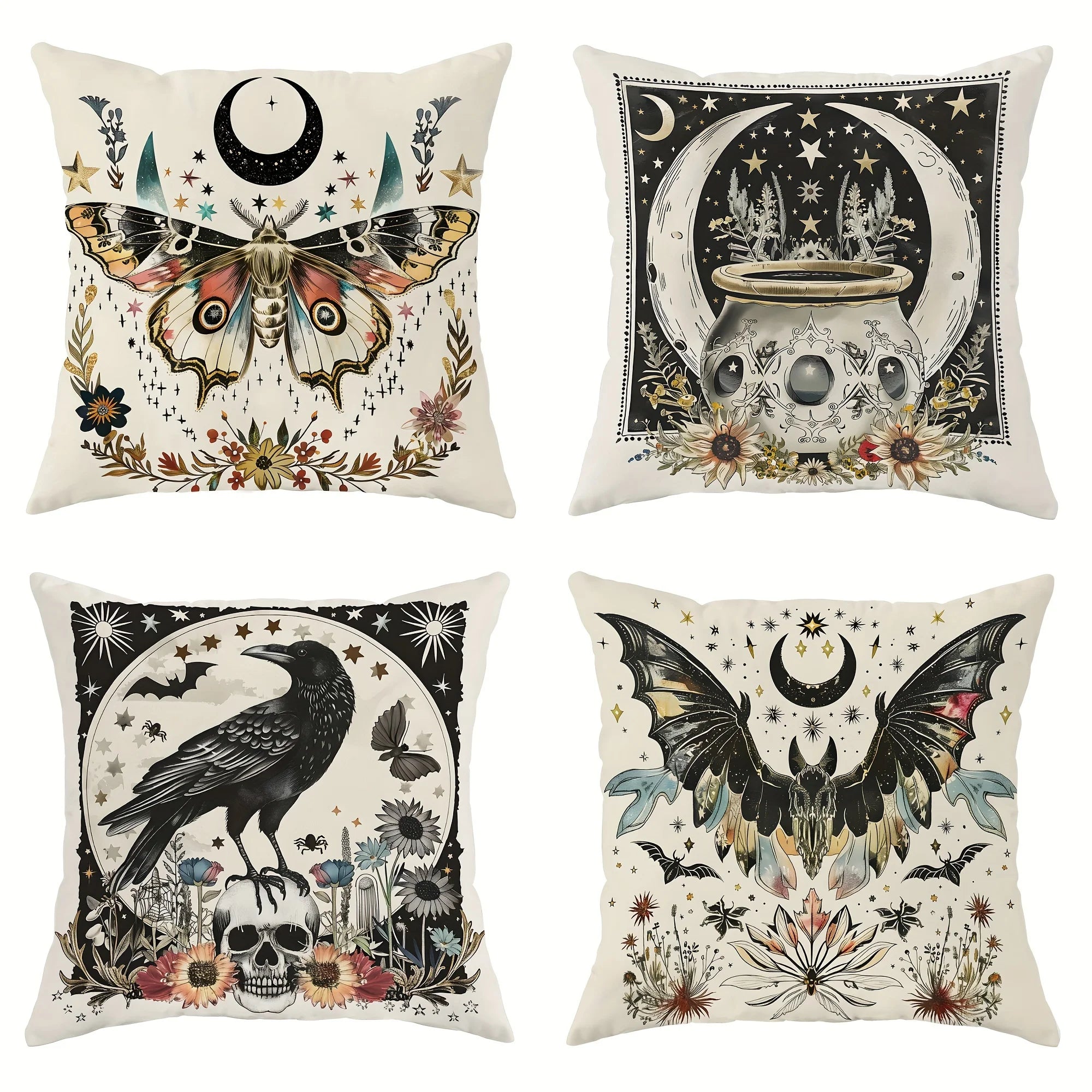 Halloween Throw Pillow Covers 18x18 Inch Contemporary Gothic Decorative Pillowcases with Moth, Bat, Crow, Skull Designs