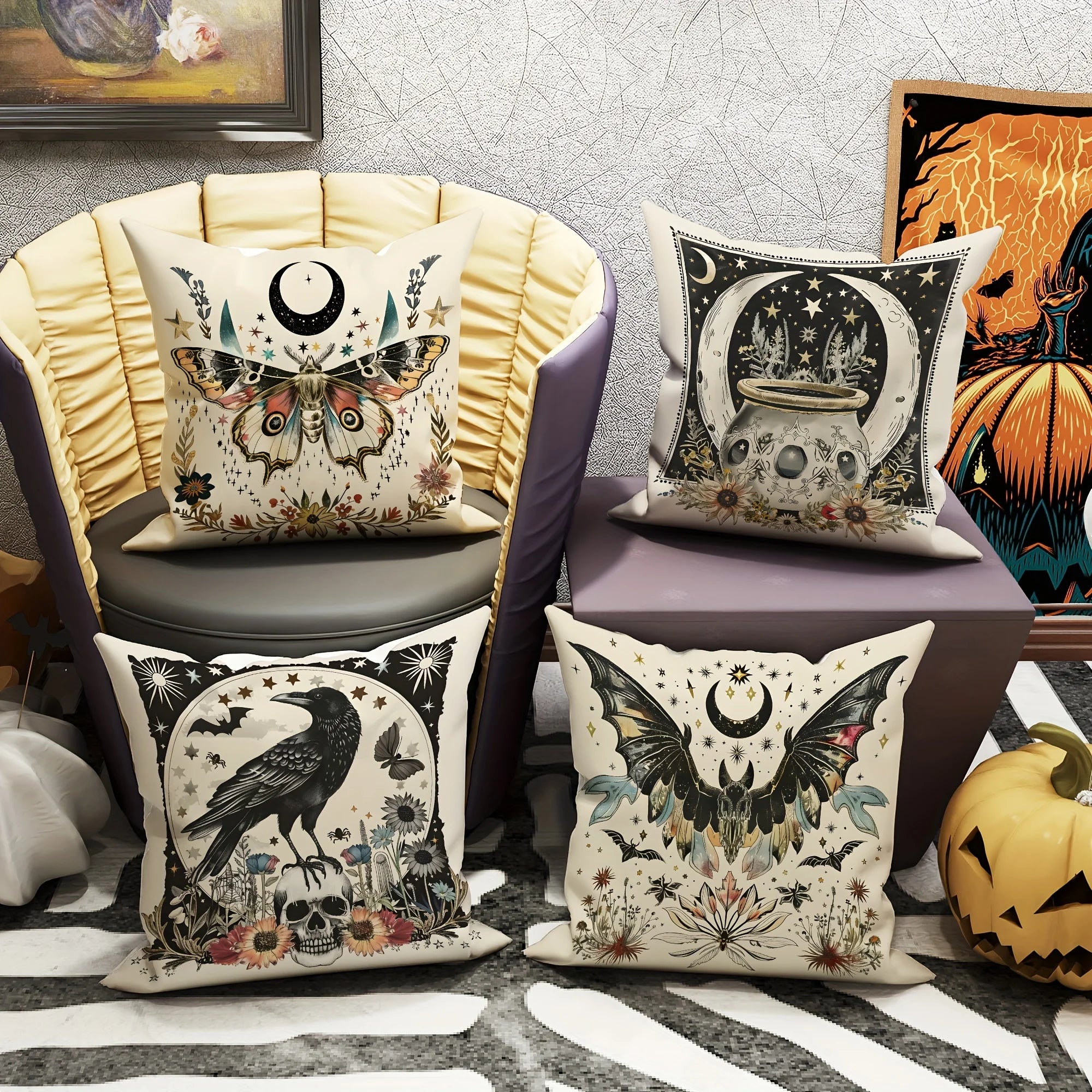 Halloween Throw Pillow Covers 18x18 Inch Contemporary Gothic Decorative Pillowcases with Moth, Bat, Crow, Skull Designs
