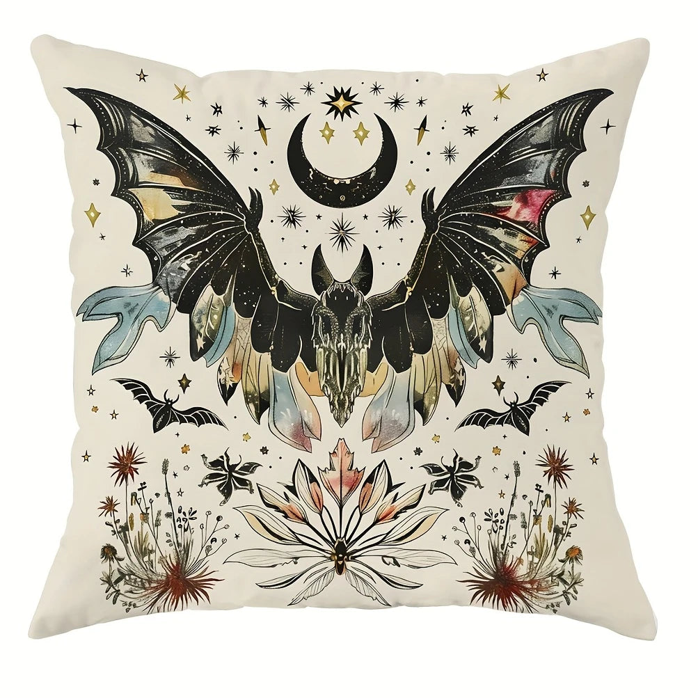 Halloween Throw Pillow Covers 18x18 Inch Contemporary Gothic Decorative Pillowcases with Moth, Bat, Crow, Skull Designs
