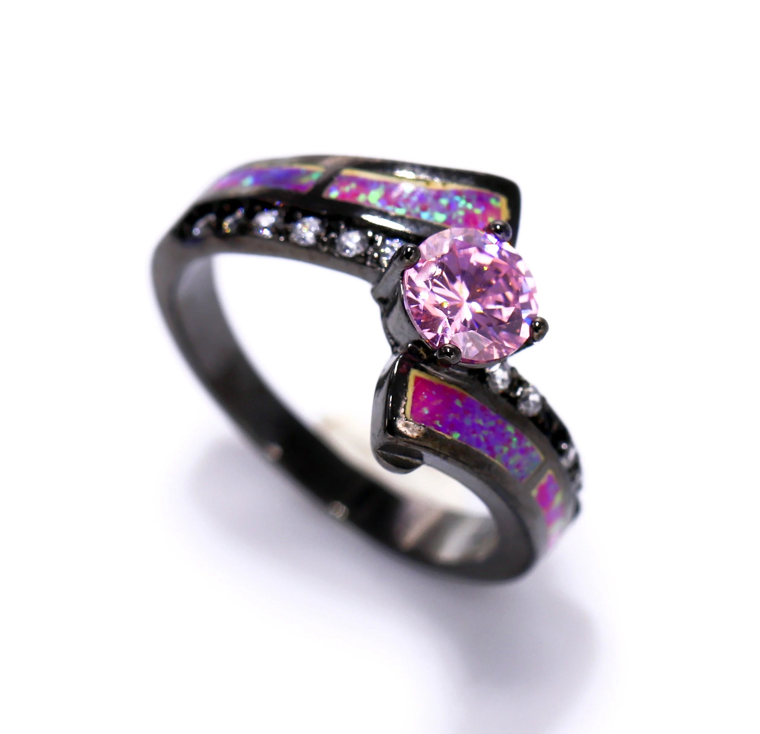 JieLing Luxury Rhodium Plated Zircon Rings with Pink Stone Accents Elegant Engagement Promise Wedding Jewelry Gifts for Women