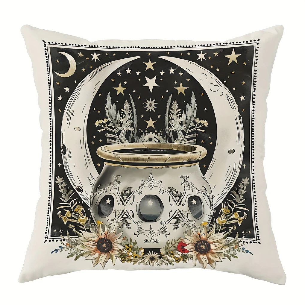 Halloween Throw Pillow Covers 18x18 Inch Contemporary Gothic Decorative Pillowcases with Moth, Bat, Crow, Skull Designs
