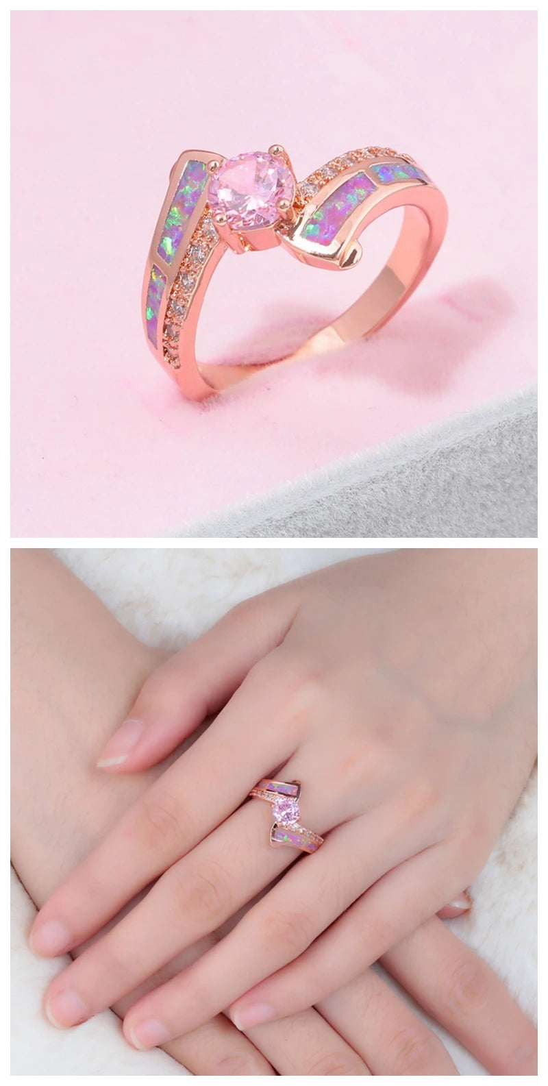 JieLing Luxury Rhodium Plated Zircon Rings with Pink Stone Accents Elegant Engagement Promise Wedding Jewelry Gifts for Women