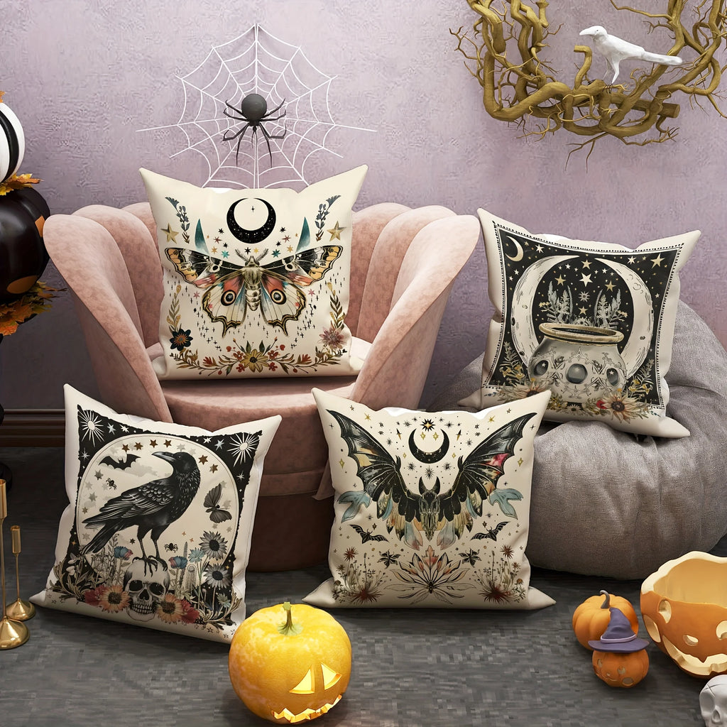 Halloween Throw Pillow Covers 18x18 Inch Contemporary Gothic Decorative Pillowcases with Moth, Bat, Crow, Skull Designs