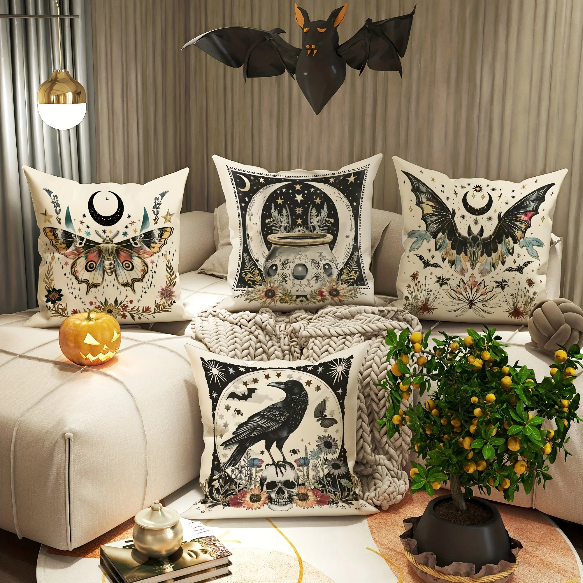 Halloween Throw Pillow Covers 18x18 Inch Contemporary Gothic Decorative Pillowcases with Moth, Bat, Crow, Skull Designs
