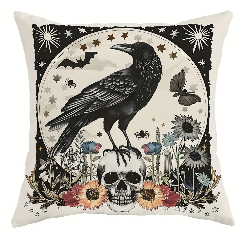 Halloween Throw Pillow Covers 18x18 Inch Contemporary Gothic Decorative Pillowcases with Moth, Bat, Crow, Skull Designs