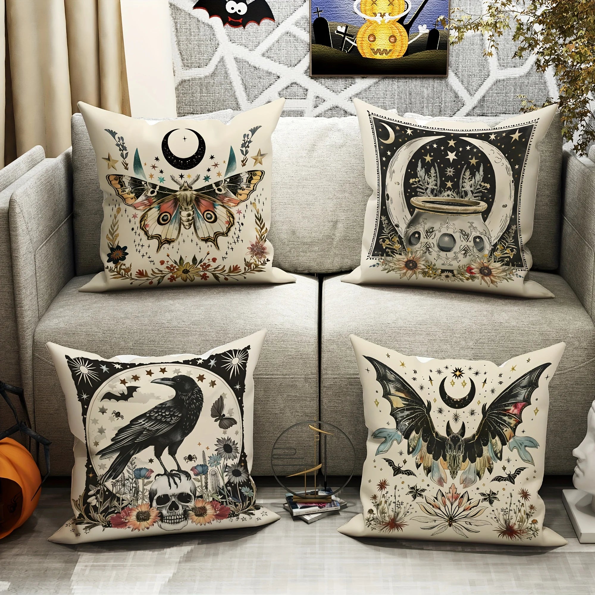 Halloween Throw Pillow Covers 18x18 Inch Contemporary Gothic Decorative Pillowcases with Moth, Bat, Crow, Skull Designs