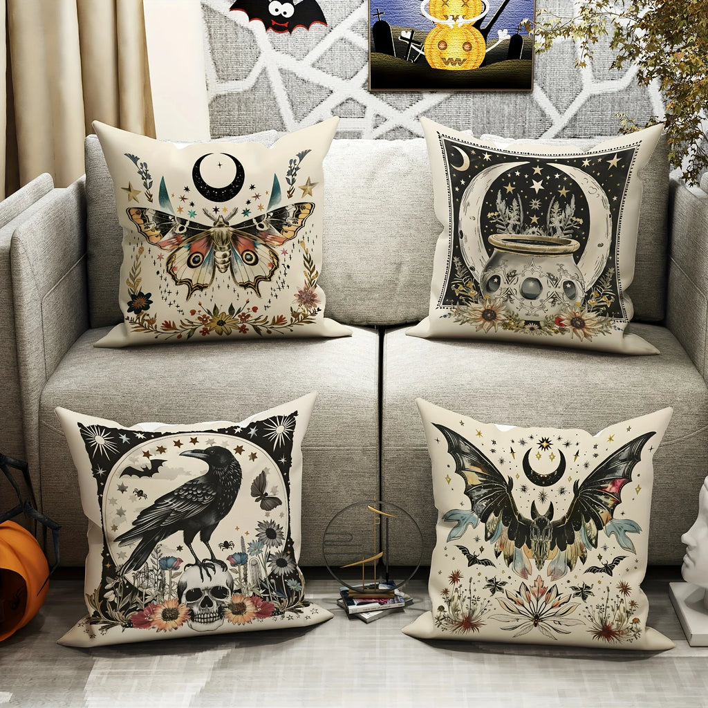 Halloween Throw Pillow Covers 18x18 Inch Contemporary Gothic Decorative Pillowcases with Moth, Bat, Crow, Skull Designs