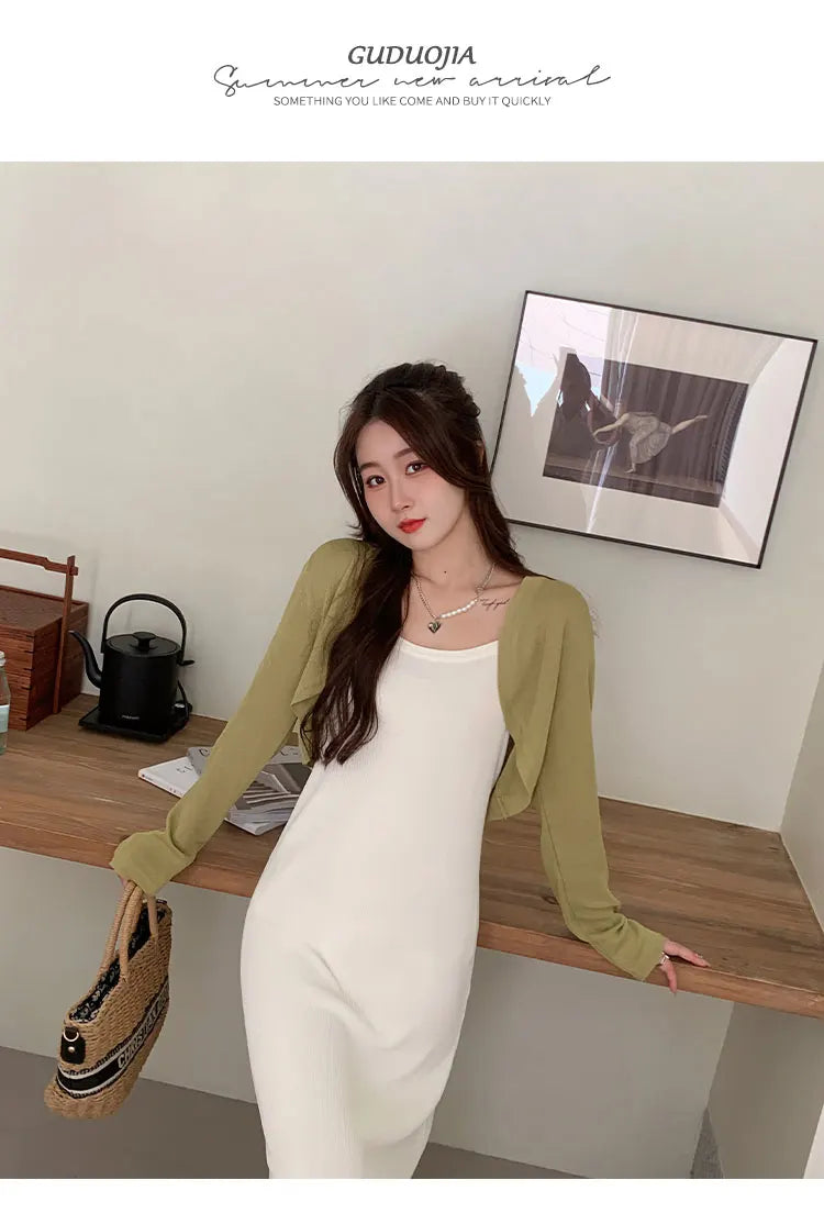 Short Ice Silk Knitted Sun Protection Cardigan Women's Thin Summer Suspender Skirt Layered Gauze Jacket Air-conditioned Cover Up
